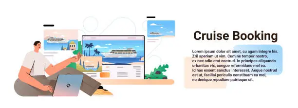 Vector illustration of man traveler choosing passenger liner on laptop sea cruise online booking summer vacation voyage concept