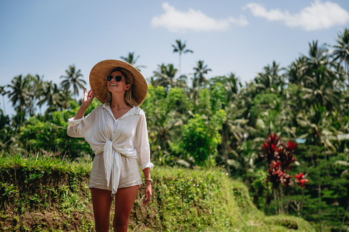Woman enjoying Bali rice fields