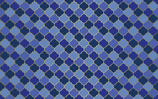 Luxury blue and gold moroccan seamless pattern. Vector background for prints.