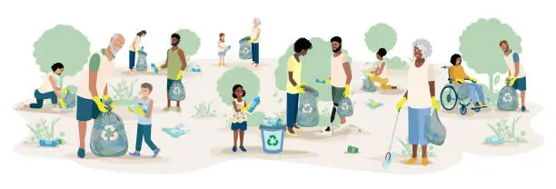 Vector illustration of People cleaning in the city park