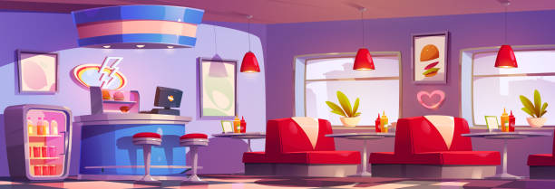Fast food diner restaurant cartoon vector interior Fast food diner restaurant cartoon vector interior. Fastfood cafeteria from 50s with bar, stool and couch to eat hamburger or cake on table illustration. Canteen counter near refrigerator with bottle indoors bar restaurant sofa stock illustrations