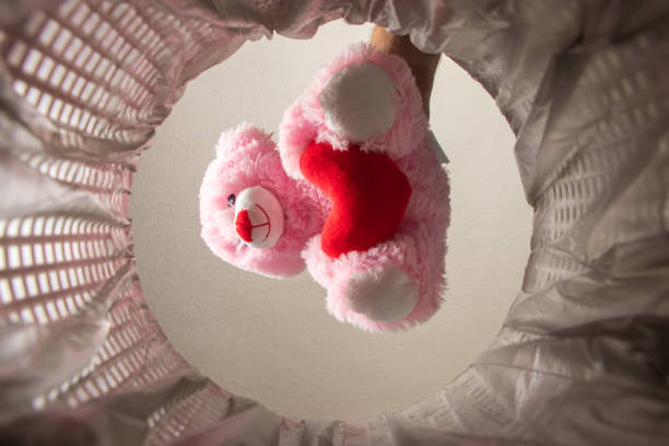 istock Pink teddy bear with heart throw in the trash can. inside view 1582648199