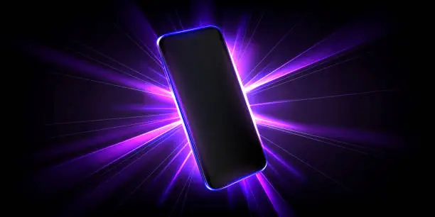 Vector illustration of Realistic 3D smartphone with neon light effect