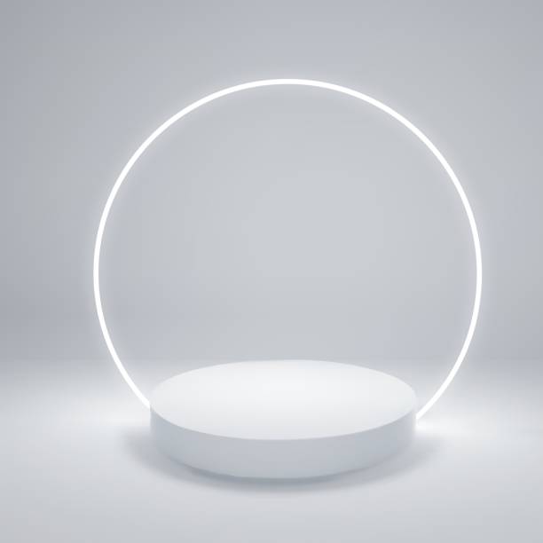 istock Minimalistic podium with neon round lamp for product presentation 1582687694