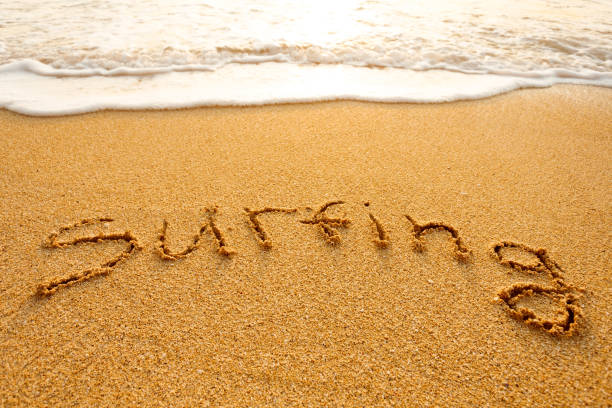 istock The word surfing written in the sand on the beach 1582687700