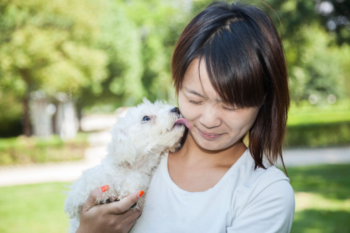 asian female with dog in the park
