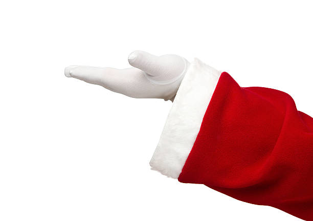 Santa Claus open hand Santa Claus hand presenting your text or product isolated on white background formal glove stock pictures, royalty-free photos & images