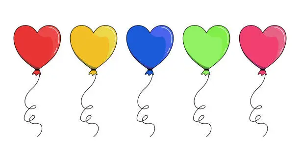 Vector illustration of Heart shaped balloons in flat style set. Stock vector.