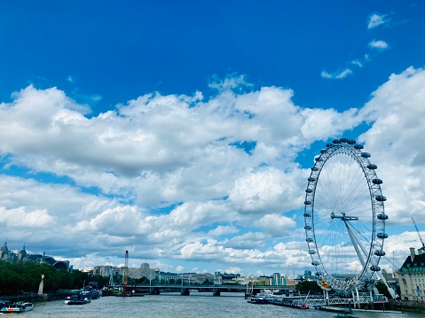 London, England - Aril 1, 2012: The London Eye, or the Millennium Wheel, is a cantilevered observation wheel (ferris wheel) on the South Bank of the River Thames in London, England