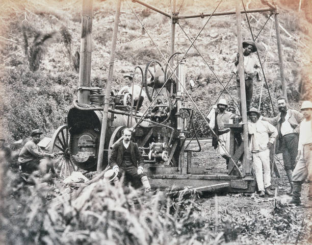 Panama Canal, advance with a diamond drill, 1883 Illustration from 19th century. panama canal expansion stock illustrations