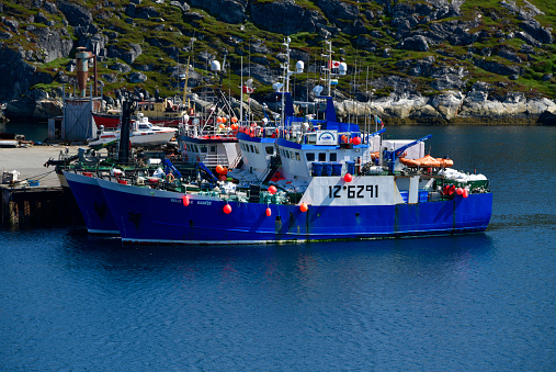 Nuuk / Godthåb, Sermersooq municipality, Greenland: Canadian shrimpers of the Labrador Fishermen's Union Shrimp (LFUSC) - Belle Isle Banker in the foreground, portside view - Fishing trawlers in Nuuk Harbor, the largest port in Greenland - Nuuk Shipyard (Nuuk Værft) pier. Greenland's economy is highly dependent on the fishing industry, employing over 10% of the population and contributing to more than 25% of GDP and over 80% of exports - Nuuk bay.