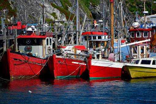 Nuuk / Godthåb, Sermersooq municipality, Greenland: small coastal fishing boats / trawlers with red hulls in Nuuk Harbor, the largest port in Greenland. Greenland's economy is highly dependent on the fishing industry, employing over 10% of the population and contributing to more than 25% of GDP and over 80% of exports - Nuuk bay.