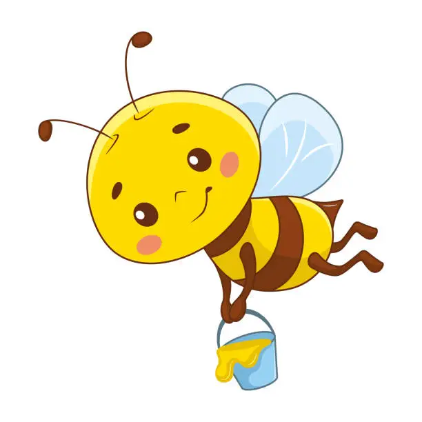 Vector illustration of Cute bee flies with bucket full of honey cartoon vector illustration