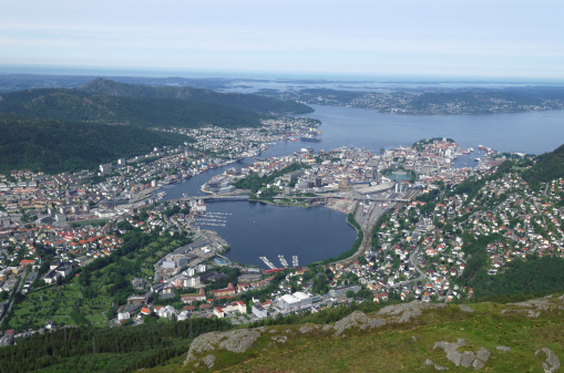 The city of Bergen in the Hordaland area of Norway has a rich historical background. This panoramic view from Mount Ulriken shows its proximity to the fjords and the Atlantic ocean. It is said to be one of the most beautiful cities of Norway.