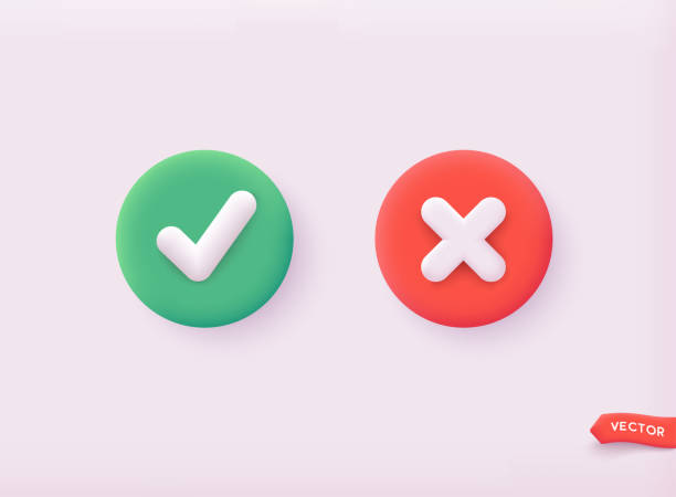 stockillustraties, clipart, cartoons en iconen met tick and cross signs. green checkmark ok and red x icons. 3d web vector illustrations. - cheque