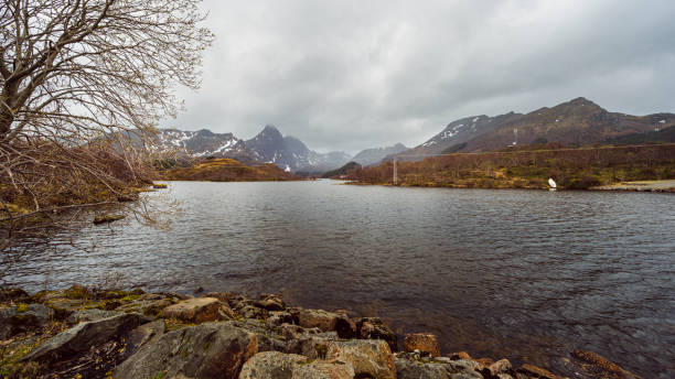nature sceneries along the Vesteralen scenic route during a rainy springtime day