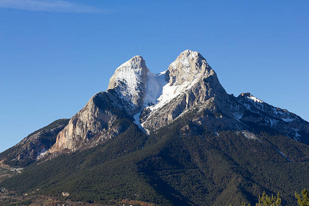 The Pain de Sucre and the Chapeau de Gendarme are 2 emblematic peaks of the Ubaye valley, Barcelonnette and neighboring towns.\nThe photo is taken in a southerly direction