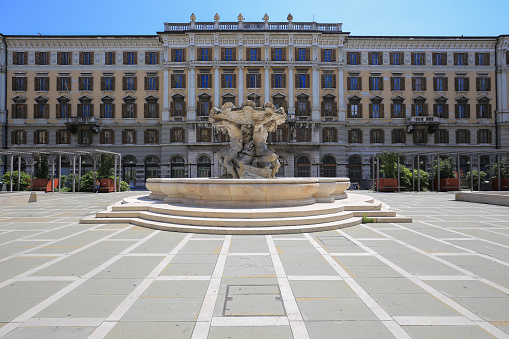 Piazza Vittorio Veneto square and fountain in city of Trieste, Friuli Venezia Giulia region of Italy
