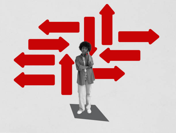 A collage with thoughtful girl and arrows in different directions. Making decisions.