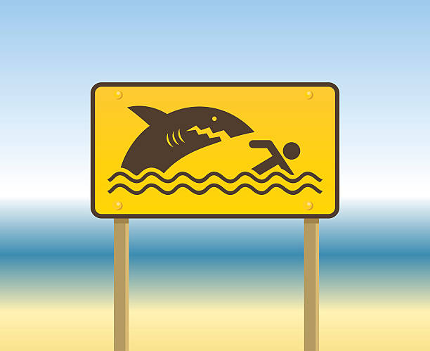 stockillustraties, clipart, cartoons en iconen met a yellow sign at the beach meaning beware of sharks - toy shark