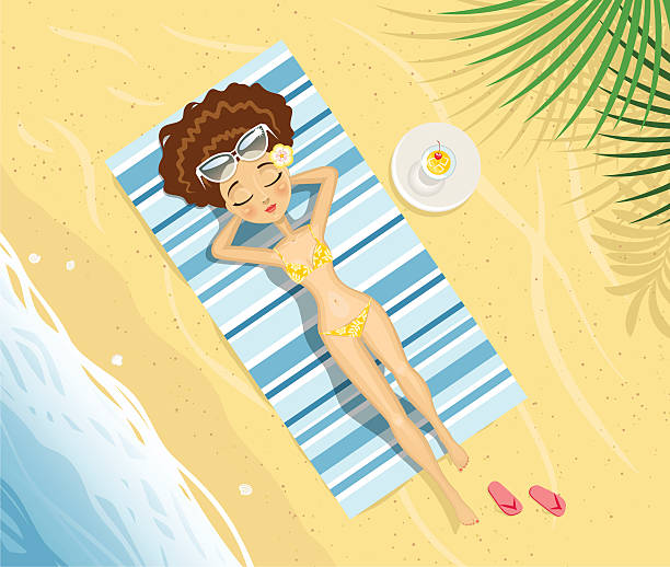 Sunbathing on the beach Illustration of a girl sunbathing on the beach. swimwear bikini top bikini bikini bottom stock illustrations