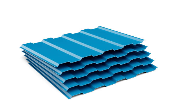 屋根シート3dイラスト用の波形亜鉛メッキ鉄の3dシーブルーメタリックスタック - architecture roof aluminum sheet industry ストックフォトと画像