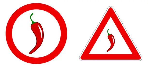 Vector illustration of Red hot chili pepper icon in red circle and triangle - hot spicy food warning warning sign