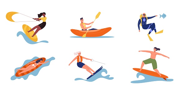 Beach and water activities people, surfing and kiting. Vector of surfing water sea, sport fun summer, kite and extreme illustration
