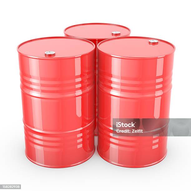 Three Red Barrels Stock Photo - Download Image Now - Oil Drum, White Background, Barrel