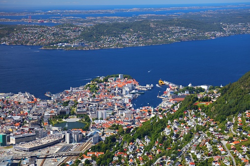 Bergen city, Norway. Summer aerial view of downtown Bergenhus and Bryggen districts.