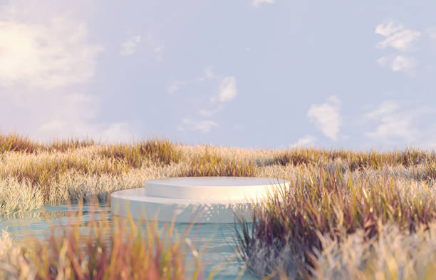 istock Abstract autumn landscape scene with a podium for product display. 3d rendering 1582836528