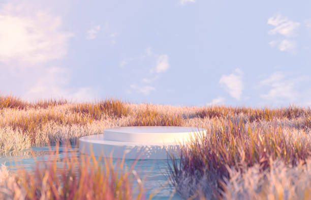 istock Abstract autumn landscape scene with a podium for product display. 3d rendering 1582836536