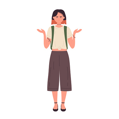 Confused student girl. Perplexed university pupil with hands up vector illustration