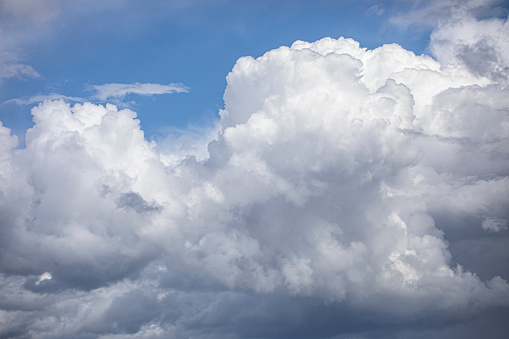 White cumulus clouds against the blue sky. Summer rural landscape. Web banner.