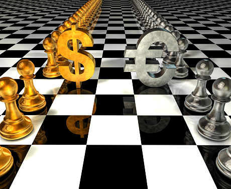 Dollar and Euro symbol and chess pieces
