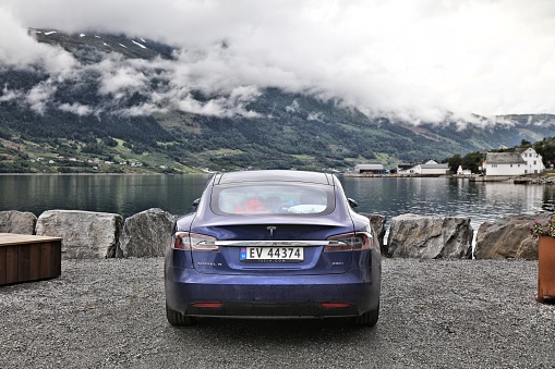 Tesla Model S electric car parked in Norway. There are 2.8 million cars registered in Norway (2019).