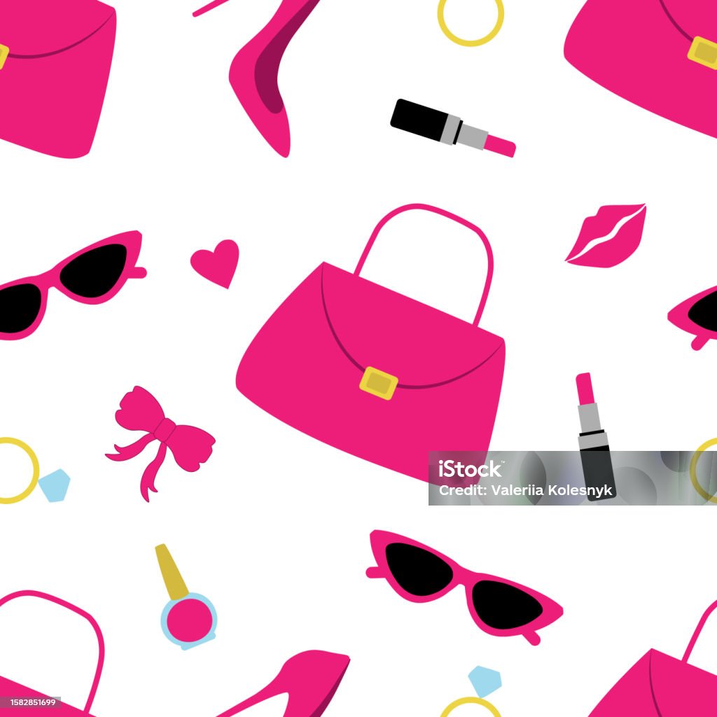 Vector Seamless Pattern With Pink Fashion Doll Doll Accessories
