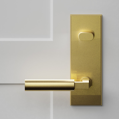 Closeup of gold door handle on closed door front view