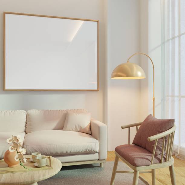 istock Mock up a large blank picture frame on a white cement wall with a small corner in the living room and a beige sofa.3d rendering 1582866910