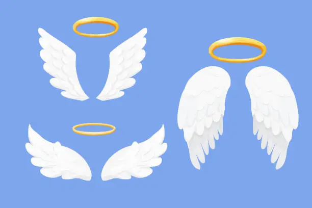 Vector illustration of Set Angel wings white with halo, nimbus in cartoon style isolated on blue background, collection design element for decoration. Vector illustration