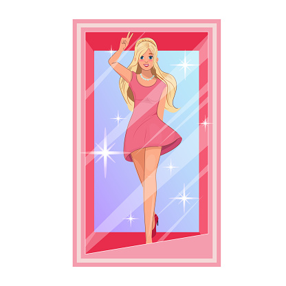 Pink fashion doll doll in the box. Modern trendy flat illustration. Design character.