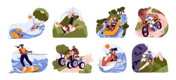 Vector illustration of Extreme vacation set. Different people like adrenaline summer sport, action hobby. Persons do enduro, climbing, jumping, surfing, activity on sea, mountain. Flat isolated vector illustration on white