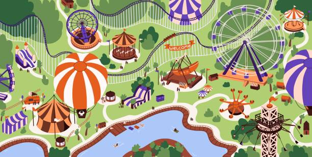 Childish amusement park top view. Summer holiday on carnival, attraction. Recreation, leisure on funfair. People ride on air balloon, roller coaster, ferris wheel, carousel. Flat vector illustration.