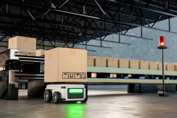 istock Car Robot transports truck Box with AI interface Object for manufacturing industry technology Product export and import of future Robot cyber in the warehouse by Arm mechanical future technology 1582890373