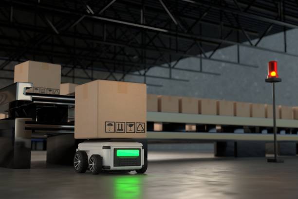 istock Car Robot transports truck Box with AI interface Object for manufacturing industry technology Product export and import of future Robot cyber in the warehouse by Arm mechanical future technology 1582890378