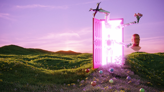 3d layered cyborg head, robotic hands and cyborg coming from an abstract opening door on grassy field, symbolizing artificial intelligence concept. (3d render)