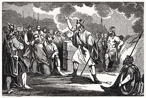 Judas Maccabeus leads the Israelites into battle against the Syrian chancellor Lysias in 164 BC (1 Maccabees 3). Wood engraving, published in 1835.