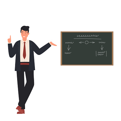 Teacher man standing at blackboard. Teaching lesson process, male professor vector illustration