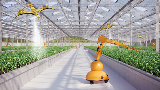 Artificial Intelligence based drone sprays water in greenhouse . and robotic arms farming (3d render)