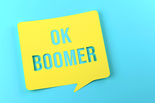 Ok Boomer Written Yellow Speech Bubble On Blue Background